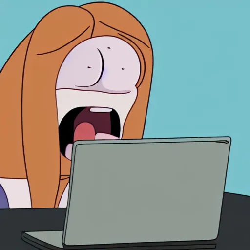 Image similar to a very animated tired person with bloodshot eyes and tongue out staring at the computer with growing desperation, adventure time animation style