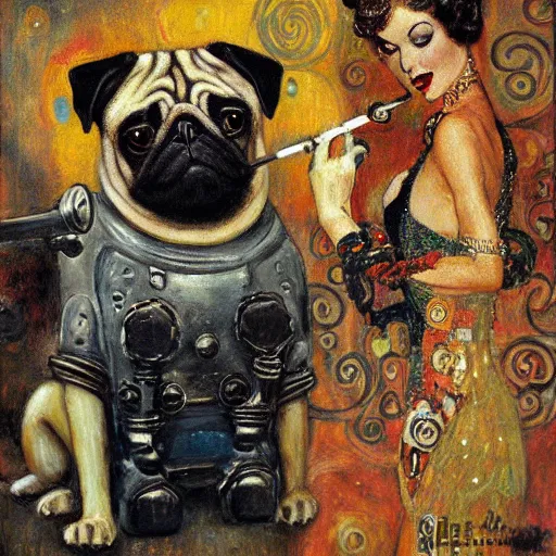 Image similar to pug dog robot smoking a hooka, intricate detail, painting, jazz age, klimt, royo, frazetta, whealan,