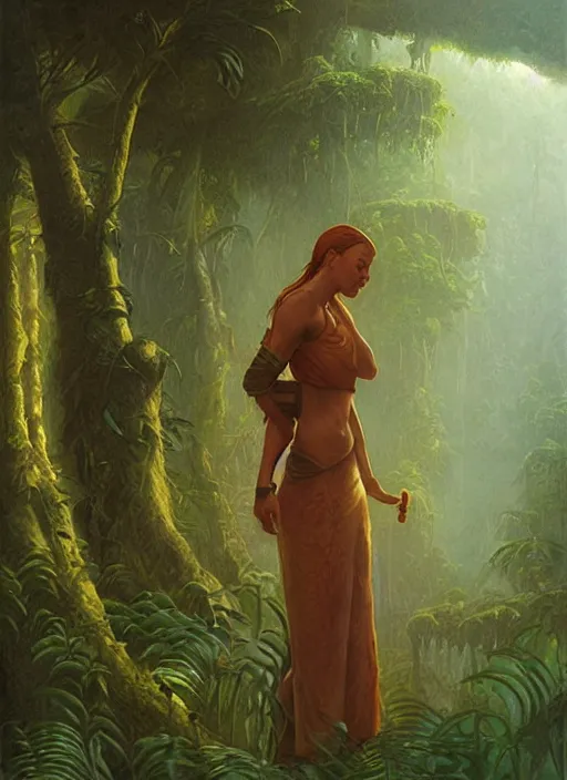 Image similar to a female herbalist in the jungle, art by christophe vacher