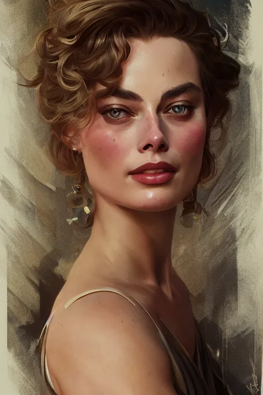 Image similar to A full portrait of Margot Robbie, intricate, elegant, highly detailed, digital painting, artstation, concept art, smooth, sharp focus, illustration, art by Krenz Cushart and Artem Demura and alphonse mucha