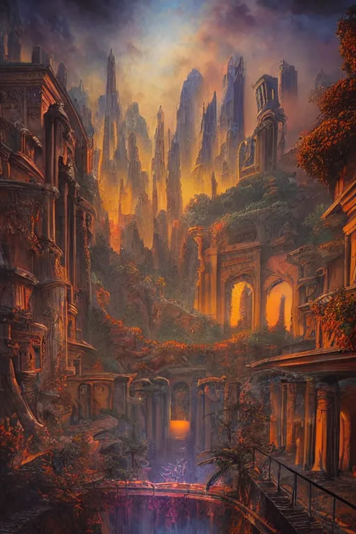 Image similar to beautiful matte painting street art fantasy ruins skyline background painted, intricate, volumetric lighting, beautiful, rich deep colors masterpiece, sharp focus, ultra detailed by alex grey