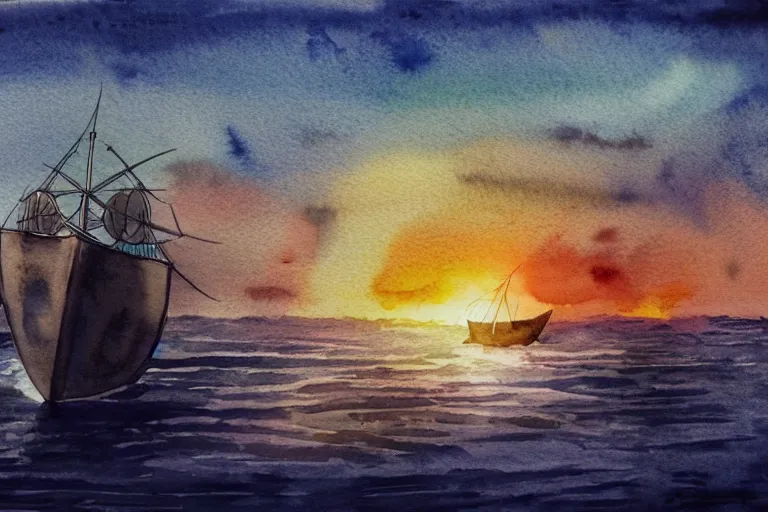 Image similar to Watercolor illustration of a viking ship against the sunset