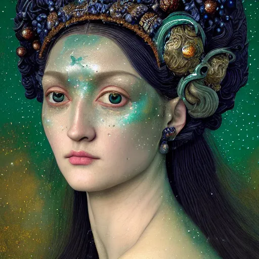 Prompt: baroque neoclassicist closeup renaissance portrait of moon goddess with stars in her hair, reflective detailed textures, glittering silver ornaments, dark fantasy science fiction painting, diego rivera, jean delville ruan jia, nicholas roerich, annie swynnerton, sam spratt, dramatic lighting, soft muted blue green color palette, floral tattoos, artstation, octane render