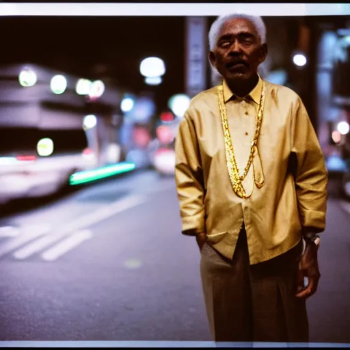 Prompt: old black man in tokyo at night, wearing gold chain, gold rings, cinestill 8 0 0,