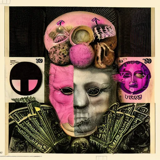 Image similar to post - punk new age album cover, asymmetrical design, dollar bank notes, capitalism, magic, apocalypse, psychedelic, black white pink, magic, giger h. r., giuseppe arcimboldo