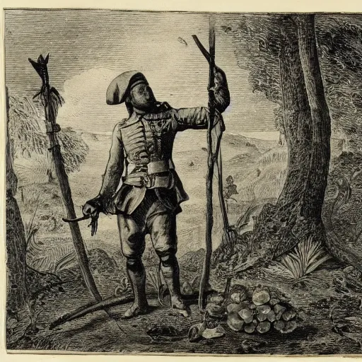 Image similar to A colonial soldier with the head of an octopus, standing in the middle of the jungle, engraving, ink, black and white, 17th century