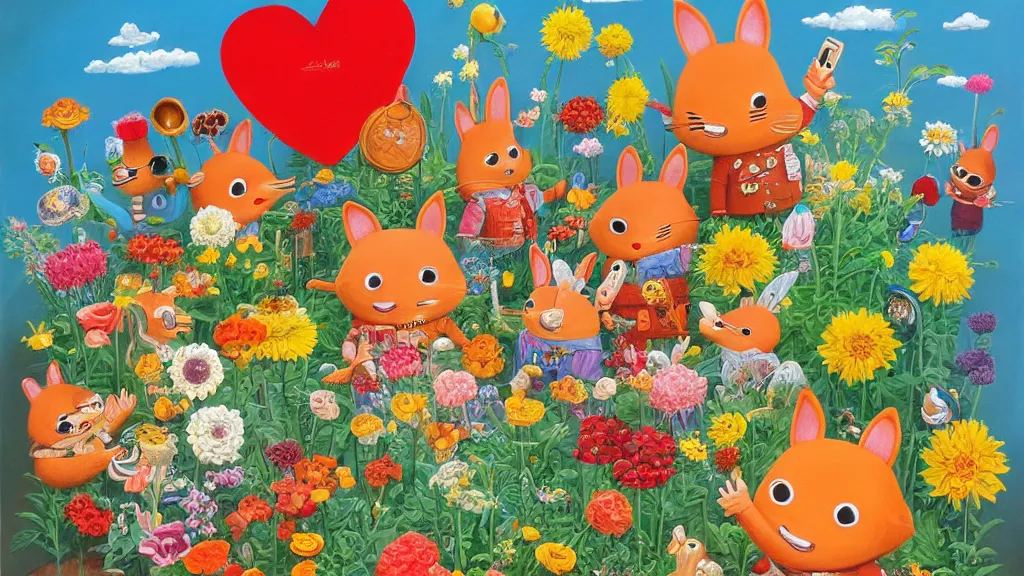 Image similar to highly detailed richard scarry oil painting of a heart surrounded by all the known species of flowers