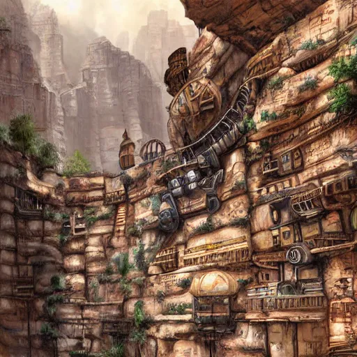 Prompt: arid steampunk fantasy city built into canyon walls. houses are built on platforms on the canyon walls with precarious walkways and ladders between them. the canyon floor is covered in larger stone buildings and shops. realistic, highly detailed painting concept art