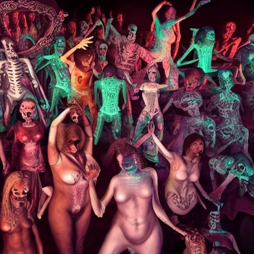 Image similar to photo, a giant crowd of realistic anatomically correct skeletons, dancing sensually with a multi-ethnic group of beautiful human women wearing intricate beatiful colorful rococo gowns, inside a hellish nightclub lit by candles and blue lasers