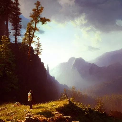 Image similar to a traveler wandering through the mountains looking at the clouds, very detailed, focused, oil painting, cinematic lighting, Albert Bierstadt, trending on Artstation