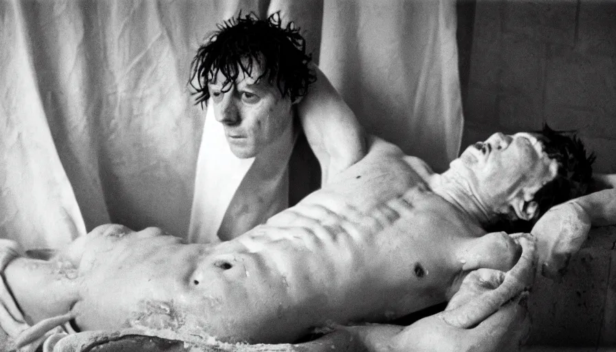 Image similar to movie still of jean - paul marat a wound at the chest, in the bath, cinestill 8 0 0 t 3 5 mm b & w, high quality, heavy grain, high detail, cinematic composition, dramatic light, anamorphic, ultra wide lens, hyperrealistic, by josef sudek