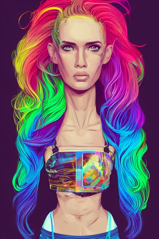 Image similar to a award winning half body portrait of a beautiful woman with stunning eyes in a printed croptop and cargo pants with rainbow colored ombre hairstyle head in motion and hair flying by josan gonzales, outrun, vaporware, shaded flat illustration, digital art, trending on artstation, highly detailed, fine detail, intricate