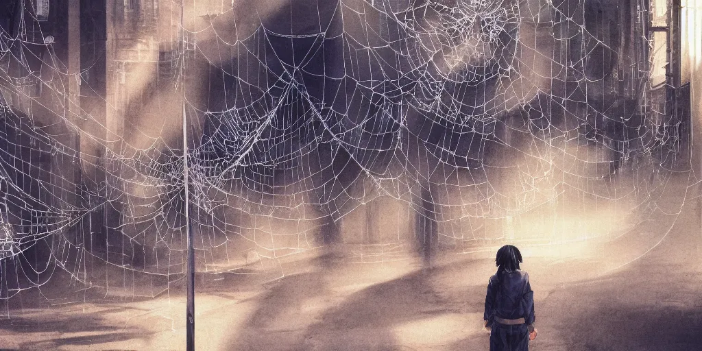 Prompt: anime movie scene, mamoru oshii, otomo, ultra wide, vanishing point, hoody woman explorer, watercolor, spiderwebs, arachnophobia, dripping, sewer pipe entrance, giant spider forground, sun beam, dusty volumetric light, back lit, paper texture, puddles, deserted shinjuku junk, brutalist, golden ratio