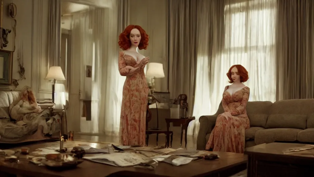Image similar to Christina Hendricks in the living room, film still from the movie directed by Denis Villeneuve with art direction by Salvador Dalí, wide lens