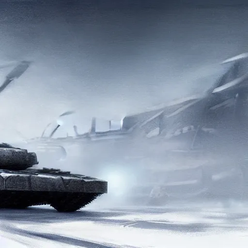 Image similar to beautiful concept art of a futuristic tank against a snowy backdrop, moody light, cinematic, as seen on artstation, denis villeneuve