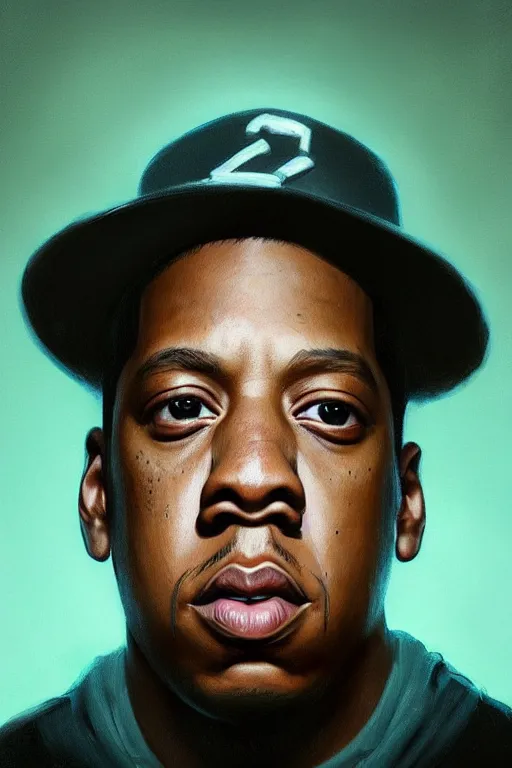 Image similar to portrait of rapper jay - z with hat, staring directly into camera, intricate, elegant, glowing lights, highly detailed, digital painting, artstation, sharp focus, illustration, art by wlop, mars ravelo and greg rutkowski