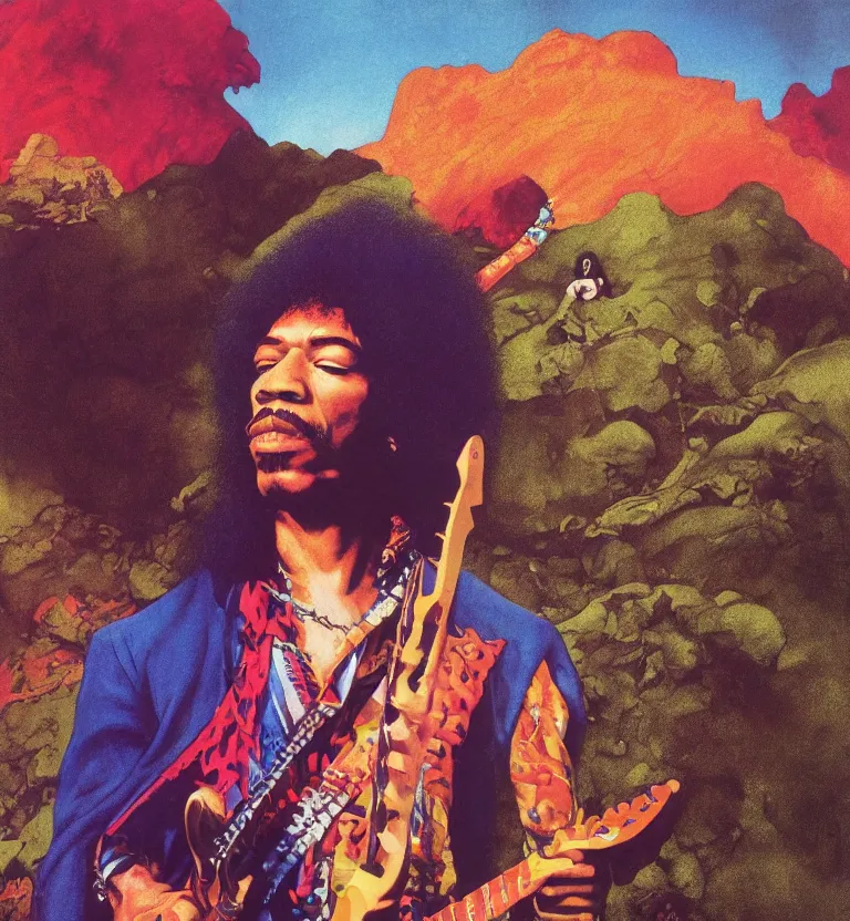 Prompt: colour portrait photography of jimi hendrix full body shot by annie leibovitz, pascal blanche, josh kirby, landscape in background by roger dean and syd mead and killian eng, james jean, giger, arthur rackham, moebius, beksinski, greg hildebrandt, 8 k
