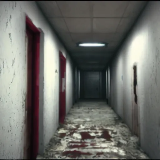 Image similar to horror facility hald - lit corridor, scp containment breach, unreal engine 5, rtx, next - gen graphics, aaa game trailer, cinematic lighting