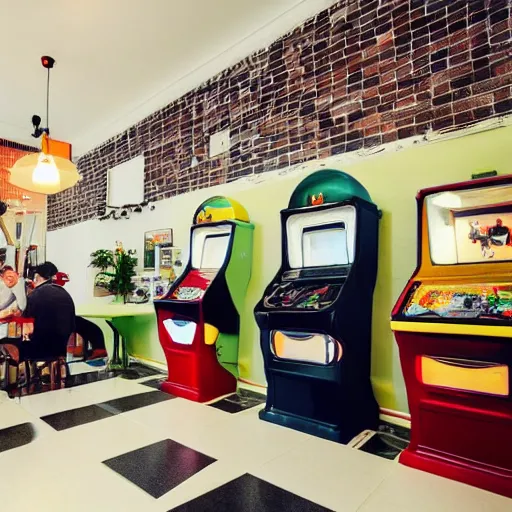 Image similar to photo of a white cafe interior with arcade machines, and retro art on the white walls