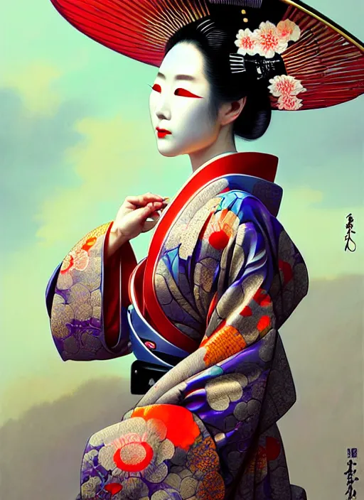 Image similar to beautiful japanese geisha wearing vr eyepiece, elaborated intricate geisha kimono, robotic, android, cyborg, cyberpunk face, steampunk, fantasy, intricate, elegant, highly detailed, colorful, vivid color, digital painting, artstation, concept art, art by artgerm and greg rutkowski and ruan jia,