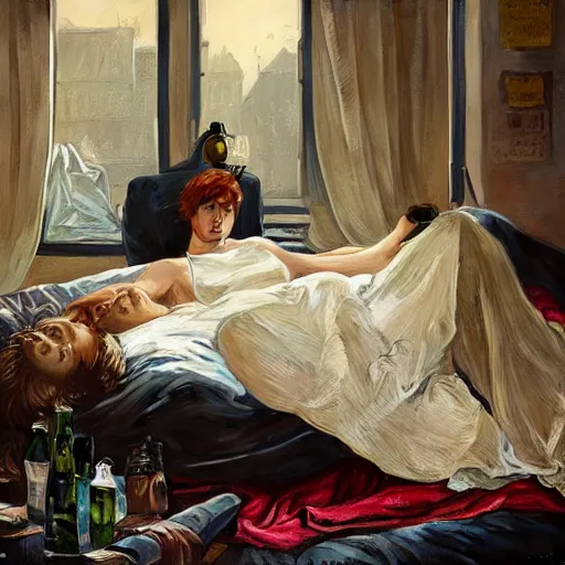 Image similar to young man in tinfoil hat and a girl sleeping in bed close to guinness bottles highly detailed, digital painting, artstation, concept art, smooth, sharp focus, illustration, art by artgerm and greg rutkowski and alphonse mucha