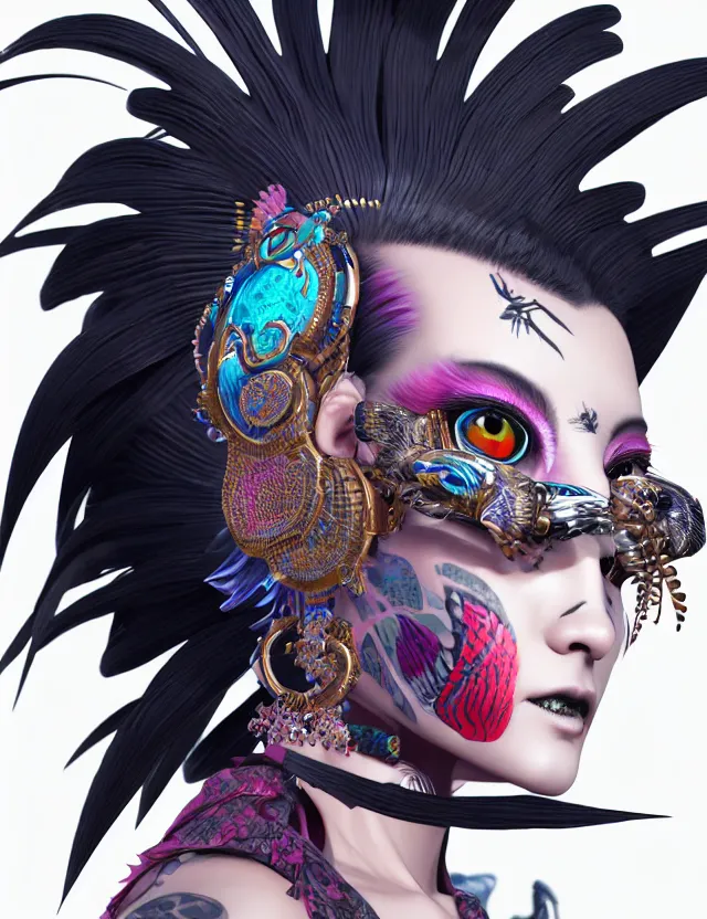 Image similar to 3 d goddess close - up profile portrait punk with mohawk with ram skull. beautiful intricately detailed japanese crow kitsune mask and clasical japanese kimono. betta fish, jellyfish phoenix, bio luminescent, plasma, ice, water, wind, creature, artwork by tooth wu and wlop and beeple and greg rutkowski