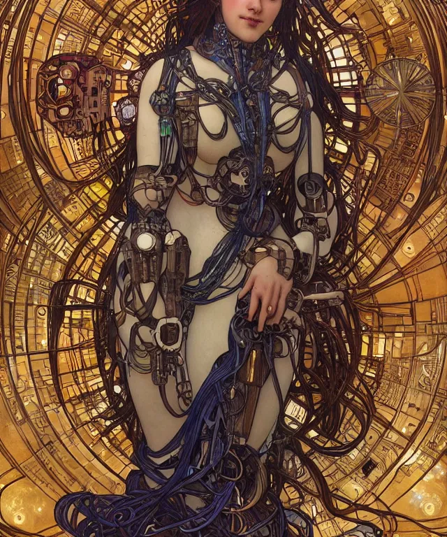 Prompt: realistic detailed portrait of a humanoid mecha cyberpunk! goddess by Alphonse Mucha and Charlie Bowater and art germ, rule of thirds, golden ratio, Art Nouveau! cyberpunk! style, mechanical accents!, mecha plate armor, glowing LEDs, flowing wires with leaves, art nouveau accents, art nouveau patterns and geometry, circuit patterns, rich deep moody colors, portrait style with the subject in the middle of the frame