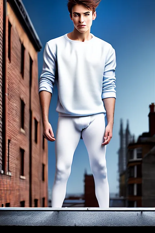 Image similar to un ultra high definition studio quality photographic art portrait of a young man standing on the rooftop of a british apartment building wearing soft padded silver pearlescent clothing. three point light. extremely detailed. golden ratio, ray tracing, volumetric light, shallow depth of field. set dressed.