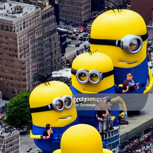 Image similar to news photo of giant minion parade floats in the sky in new york city, detailed 4 k photo