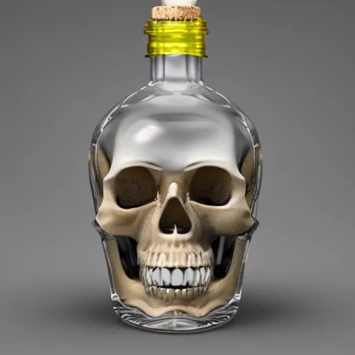 Prompt: bottle of poison with clear skull inside