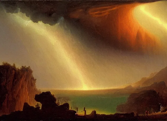 Image similar to earth during the cretaceous – paleogene extinction event, just as the asteroid is colliding with earth, thunderstorms and hellfire, in the style of hudson river school of art, oil on canvas