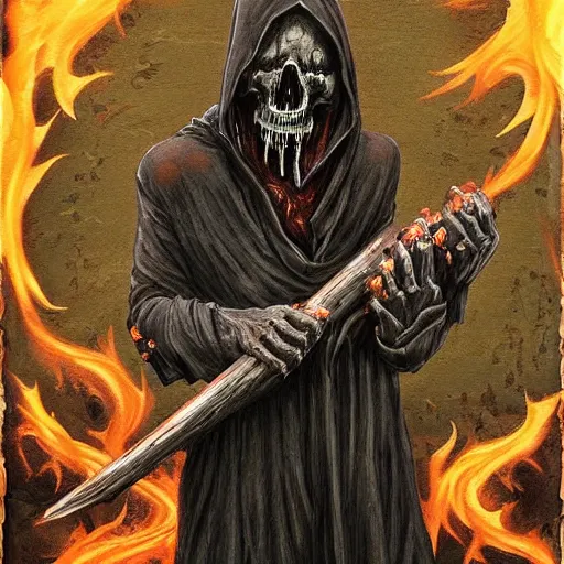 Prompt: the grim ripper contemplating his work after harvesting the soul of the living. fire all around. realistic, high detail