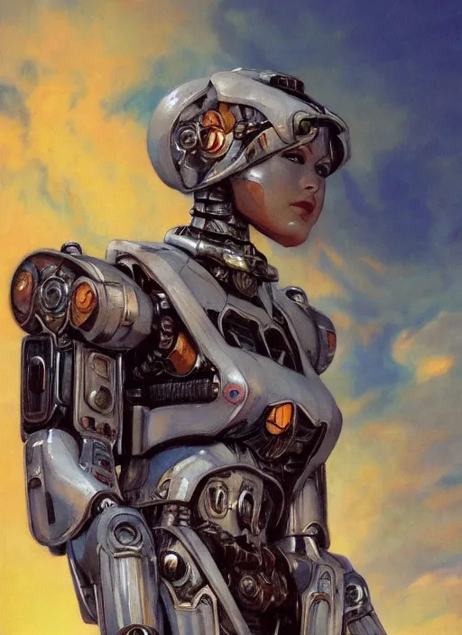 Prompt: biblical shy beautiful female mecha mage android robot casting spells, heavy eyes to the side, closeup, bright glowing veins, in clouds, sunset, portrait, by gerald brom, by mikhail vrubel, by peter elson, muted colors, extreme detail, reflections, trending on artstation, 8 k