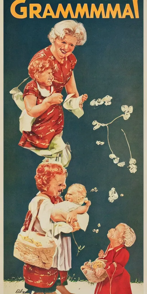 Prompt: buy a grandmother advertisement poster for soviet children