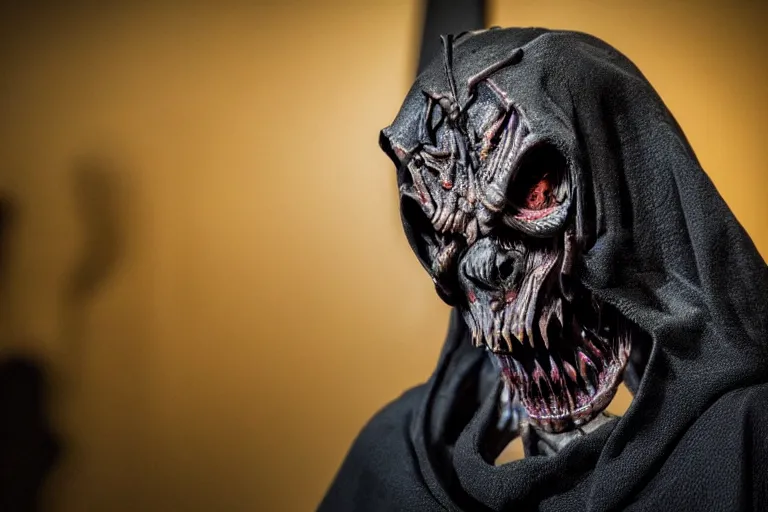 Image similar to photo taken of an epic intricate, ultra detailed, super realistic sculpture of a nightmarish hellish demonic hooded grim reaper animatronic on display in a workshop, created by weta workshop, zoomed in shots, photorealistic, sharp focus, f 0. 4, face centred, macro photography, golden ratio, golden hour