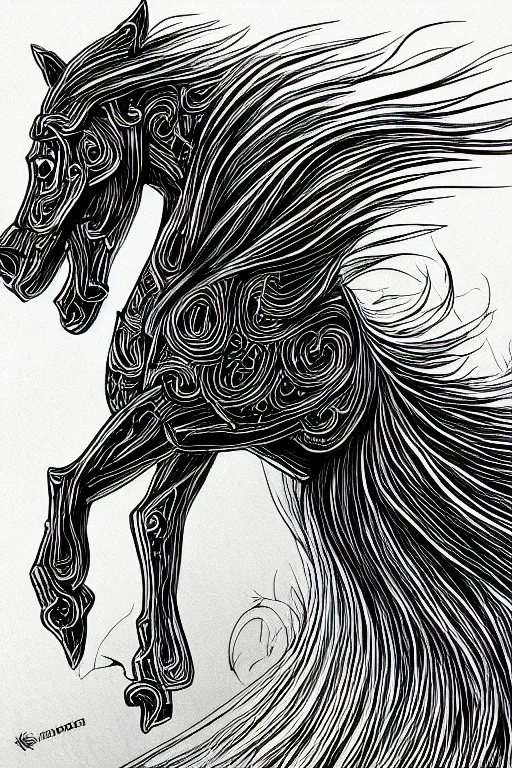 Image similar to horse in a field, symmetrical, highly detailed, digital art, sharp focus, trending on art station, kentaro miura manga art style