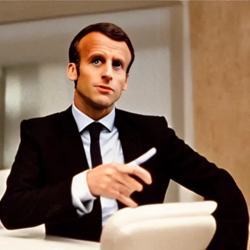 Prompt: fake Emmanuel Macron in American Psycho (1999)