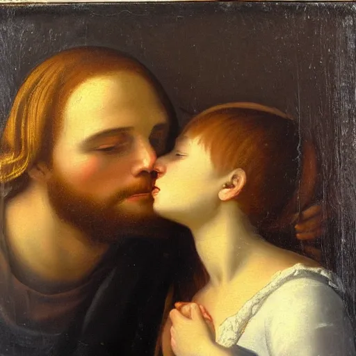 Image similar to an oil panting of a jesus kissing maria maddalena