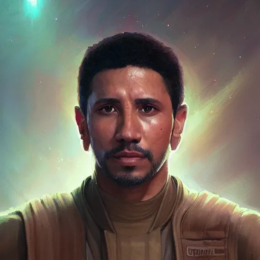 Prompt: portrait of Steven Michael Quezada as a Star Wars character, accurate, intricate, headshot, highly detailed, digital painting, artstation, concept art, sharp focus, illustration, art by artgerm and greg rutkowski and alphonse mucha