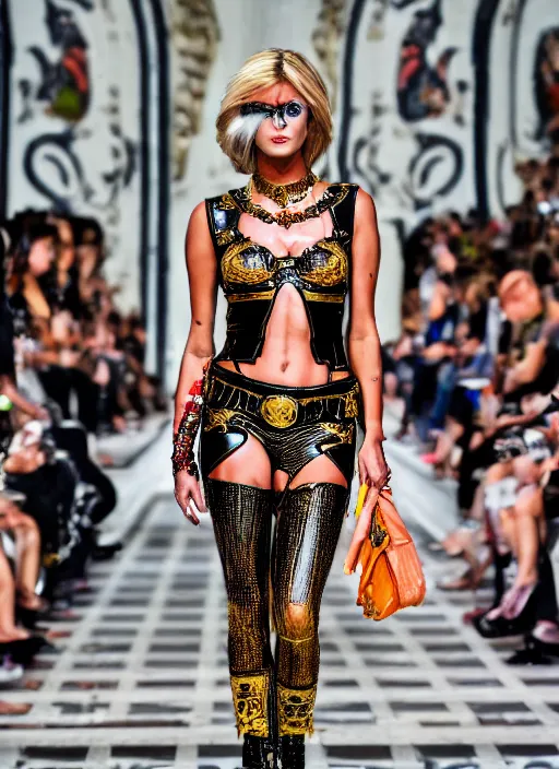 Image similar to hyperrealistic and heavy detailed versace runway show of judge dredd, leica sl 2 5 0 mm, vivid color, high quality, high textured, real life 8 k