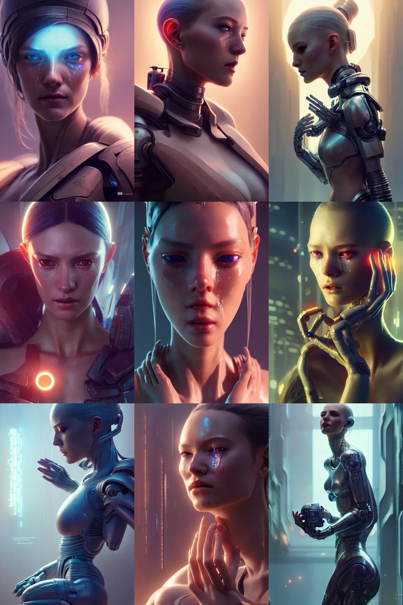 Prompt: crying beautiful female android!, intricate detailed environment, photorealistic!, octane render, mechanical, concept art, cinematic lighting, digital art, cinematic, cgsociety, hyper realism, cyberpunk 8 k. by artgerm and wlop and maciej kuciara and moebius and rossdraws and greg rutkowski and alphonse mucha