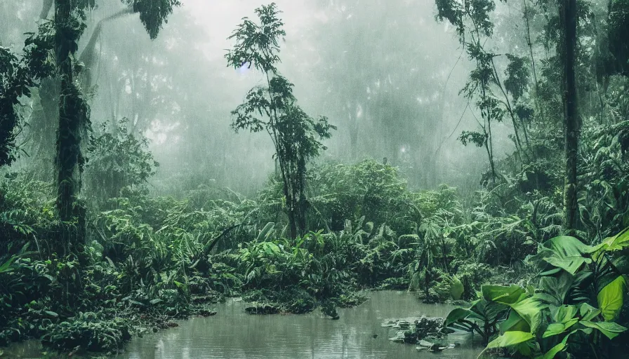 Prompt: a rainy foggy jungle, river with low hanging plants, train wreck, great photography, ambient light