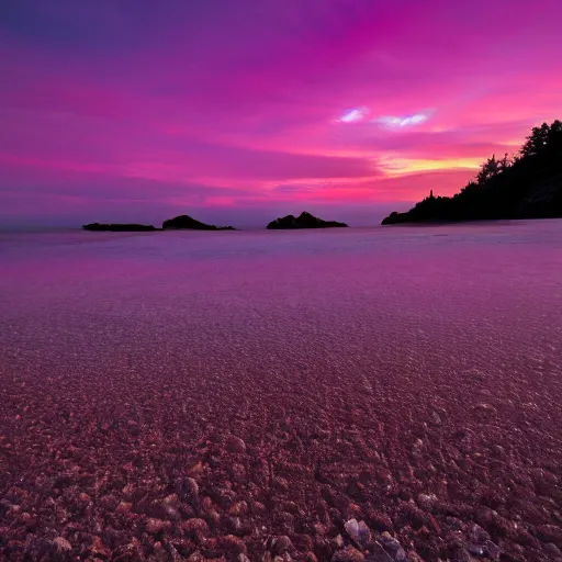 Prompt: purple refrigerator on red beach with nebula sunset