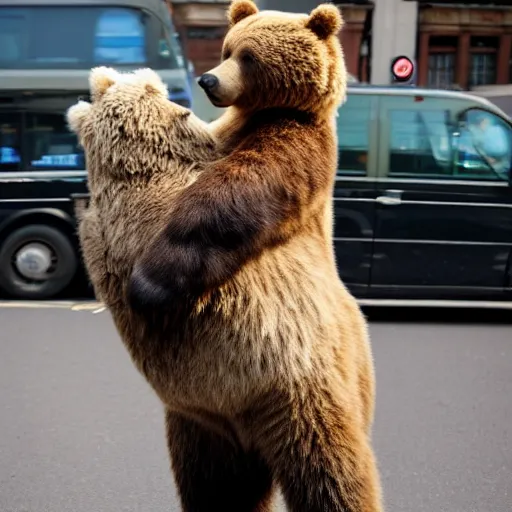 Prompt: a photograph of a teddy bear hugging a real grizzly bear in London, 2010