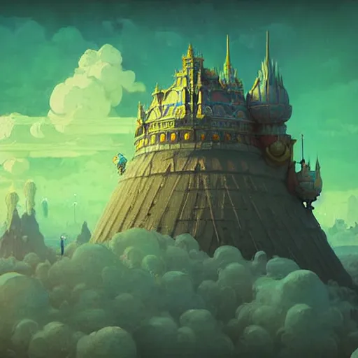 Prompt: cloud king rests on high nimbus spires in this sky palace lord of all the vast kingdom. simon stalenhag ilya repin greg danton brian sum max bedulenko igor krstic james suret pascal blanche illustration unreal engine render