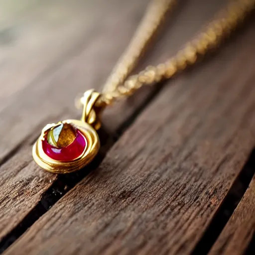 Image similar to macro shot of an intricately detailed!!! golden necklace with an embedded ruby gem, lying on a oak table indoors, sunlit day, f 0. 4