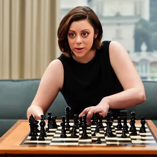 Prompt: actress rachel bloom playing chess against president george w. bush, 4 th game of world chess championship 2 0 2 1, super high quality digital photograph dslr
