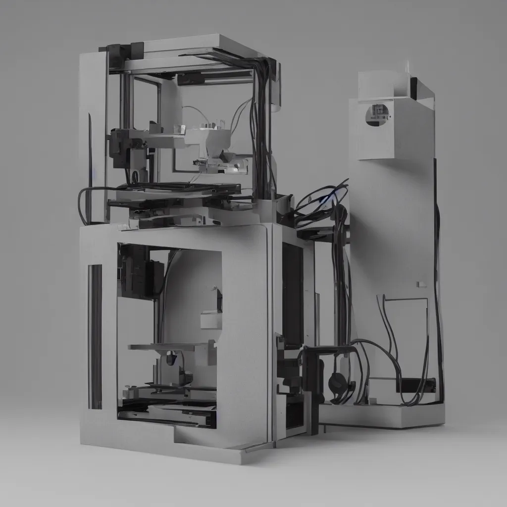 Prompt: brutalist i3 FDM 3D printer, product photography, front view