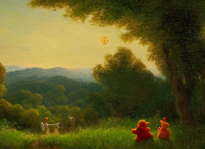 Image similar to romanticism impressionism landscape painting of winnie the pooh characters at night, night time, paper lanterns, string lights, in the style of hudson river school and thomas cole and albert bierstadt and vincent van gogh