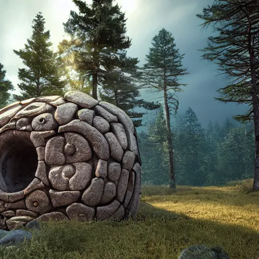 Image similar to an old lost Celtic ark made of stones, surrounded by a forest of tall pine trees, a mountain in the background, cloudy but bleu sky, photorealism, render with unreal engine, anamorphic lens flare, details, HD, 8k, cinematic